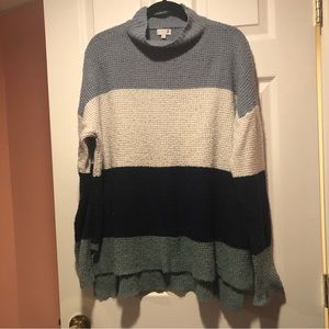 Blue Color Block Stripe Knit Turtleneck Sweater